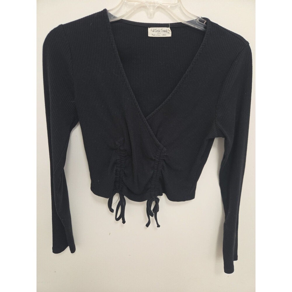 Full Circle Trends Crop Top L Black Drawstring Rooshed V Neck Long Sleeve